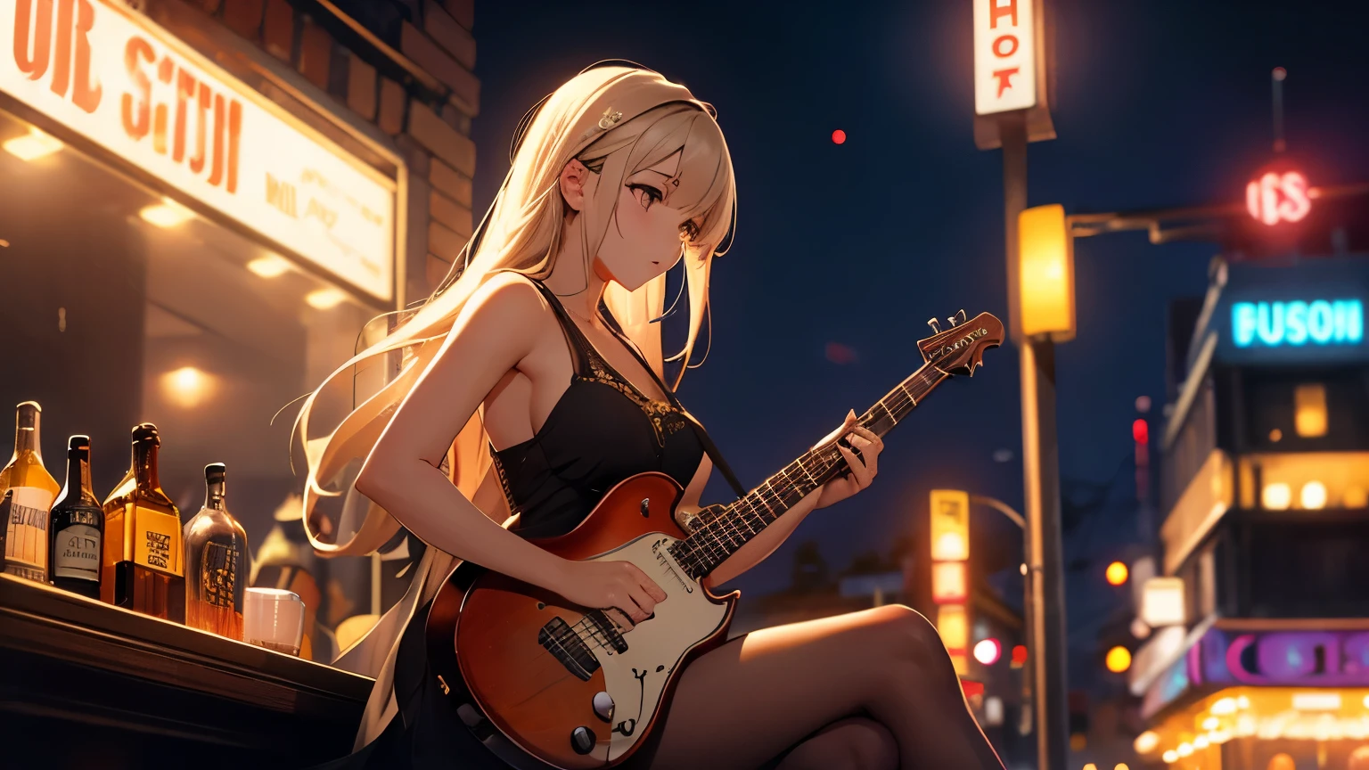 A beautiful girl is playing instrument, high resolution, night, Jazz bar