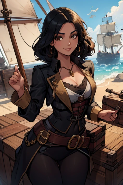 A black haired woman with brown eyes with an hourglass figure in a pirate's outfit is carrying a treasure chest back to the ship with a triumphant smile