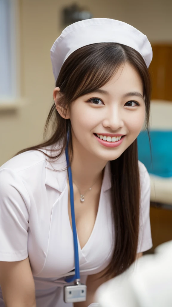 ((1 nurse,white nurse uniform、white nursing short cap,White,short white tight skirt,,look at me with a smile,looking at camera,look at the camera,Treatment room in a hospital room, Take photos from up close to her)),very detailed顔、Put the stethoscope around your neck,double eyelid、White and clean teeth,brown eyes,chest strengthening,emphasize body line,smile at me lovingly、gentle expression、beautiful lips,Detailed depiction of the background of the hospital room,perfect lighting、Award-winning work,table top,Natural light,natural soft light)),((looking at camera,smile,white teeth,A big smile,A big smile staring at the camera),((High-definition RAW color photo, professional photos, very delicate and beautiful, very detailed,finely, huge file size,best image quality,8k,Photo taken with a single-lens reflex camera、very intricate details, 120K, ultra hd, masterpiece)),(big cleavage:1.3), close your chest、horse riding,lure, shot from below
