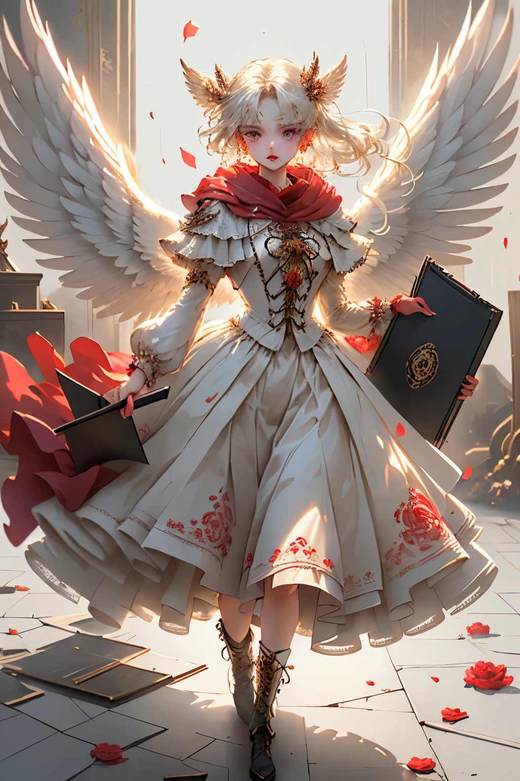 ((best quality)), ((masterpiece)), (detailed), perfect face, ((best quality)), ((masterpiece)), (detailed), perfect face(Golden ratio:1.2),(Fault color:1.3),[(White background:1.4)::10], (full bodyesbian:1.2),(Ultra-detailed:1.3), (Paper:1.2)（Red and white color background） (colorful ink paper flower grow on the face:1.2), teens girl，White hair，Red glowing eyes, sportrait, photorealestic,（（（Red and white trench coat））），（Red scarf)，a black pleated skirt，black t-shirts，longer sleeves，（（With a hood）），((Multiple pairs of angel wings))，side-lighting, the wallpaper, NSFW, Depicting female characters from ethereal anime in a high-quality anime art style，，，8K，Red and white shoes with a sense of technology，(chaotic geometric images:1.3),(nagative space:0.8),(Drawing board:1.3), (ether colorful ink flowing:1.3), a knight, white background, plain background, Bloodborne inspired, tatty Bloodborne attire, occult aesthetic, occult, tatty red and white clothing detailed and intricate steampunk and detailed gothic lolita (with a hood), long coat, Complex laced boots, Fluttering lace flared long knee length dress with frilly petticoats, long dress, knee length dress, pleated petticoats, lolita dress, petticoats gothic lolita, beautiful small breasts, (((( Highly detailed face))), small thin nose, Small thin lips mouth, (((Very sharp focused eyes))), Very large slit precision pale grey eyes that shine like jewels. very long eyelashes, Silver hair swaying in the wind, Emitting a dazzling light in a mandala pattern, white background, Very dramatic and cinematic lighting, tatty damaged old red and white clothing, full body, whole body, body, cosmic horror, grim dark