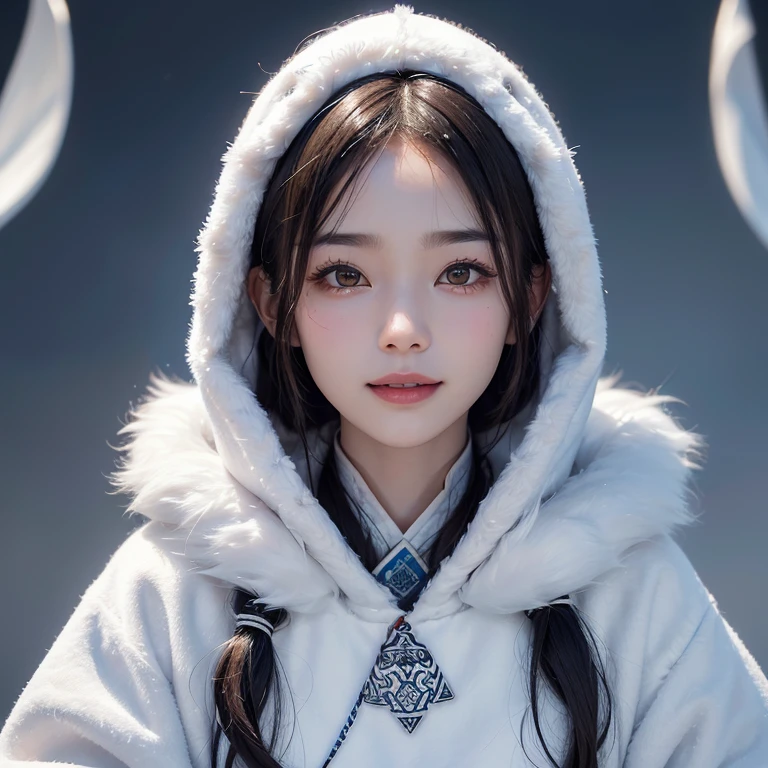 Snow Mountain、 ((highest quality、masterpiece、8k、Best image quality、Ultra-high resolution、Award-winning works)、(Accurate ???????:1.1)、(Look at me and smile:1.1)、Shining fair skin with Ultra-high resolution、The most detailed face、Ultra-high resolution detailed face、White short hair blowing 、(Ultra-high resolutionの煌めく瞳:1.1)、Beautiful face drawn in every detail、(Blurred Background:1.1)、Warm Inuit clothing, tattoo, Next to me is a real wolf 

