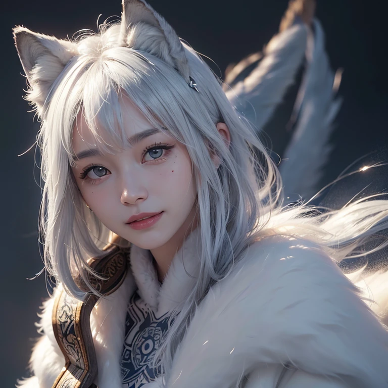 snow mountain、 ((highest quality、masterpiece、8k、best image quality、ultra high resolution、Award-winning work)、(accurate anatomy:1.1)、(look at me and smile:1.1)、Shining fair skin with ultra high resolution、most detailed face、ultra high resolution detailed face、white short hair blowing 、(ultra high resolutionの煌めく瞳:1.1)、Beautiful face drawn in every detail、(blurred background:1.1)、warm Inuit clothing, tattoo, real wolfs beside 
