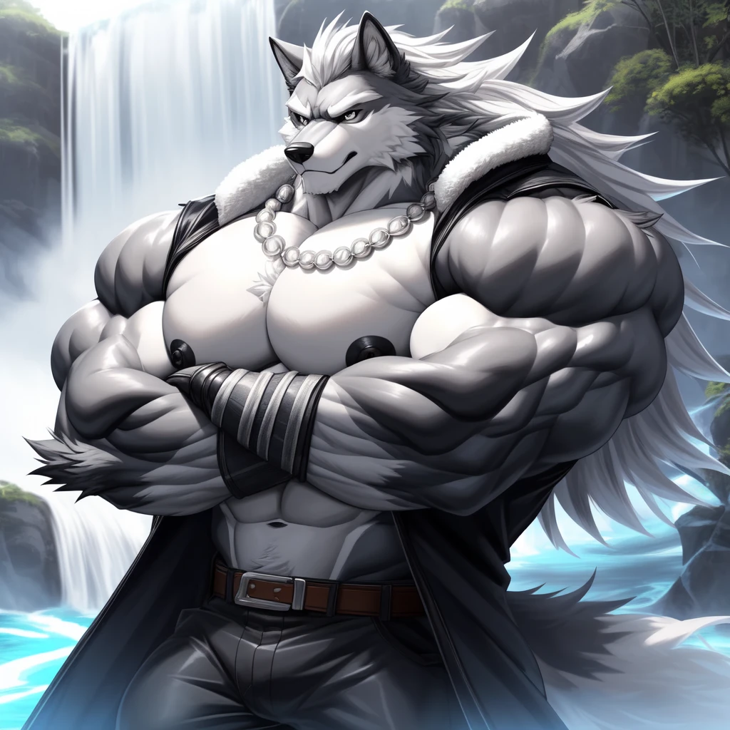 (upload on e621) (Masterpiece) (by Drks) (best quality) (ultra high res) 4K (8k HD) 2D (perfect anatomy) (digital art) (official art) (extreme detailed) (ultra detailed) (strapsanime) color (soft shading) (sharp focus) (waterfall background) 1man silver body fur silver belly detailed fluffy fur (ultra detailed face) high detailed eyes high detailed iris eyes high detailed silver eyes (white sclera) black pupils big navel abs bare pectoral (((huge black shiny nipples))) black claw nails furry wolf male mature male silver giant bulky muscular body fur giant size canid (((huge muscles))) (((hyper muscles))) huge pecs (((oversize pecs))) huge biceps (((giant biceps))) (((fullbody))) canine canis mammal powerful wolf god wolf male calm cool collected demeanor face badass wolf anthro solo standing (((wearing silver full complete sleeveless long trench coat jacket))) (((silver longest flowing length hair))) (((best longest silver hair))) (((silver longest flowing length back fur hair))) (((silver longest flowing length hair fur front lay on pecs))) (((perfect fingers))) (((five fingers))) silver hands and fingers (((wearing silver fingerless gloves))) (((silver arm bands on his biceps))) (((three silver arm bands on his forearms))) (((dark black huge bead necklaces))) (((dark black huge longer bead necklaces around neck to pecs))) (((silver long wolf tail))) (((black long pants with silver lines with belt straps on both legs))) (((silver electricity and silver surge aura flow entire body))) (((blue silver aura around his body))) (((crossed arm pose)))
