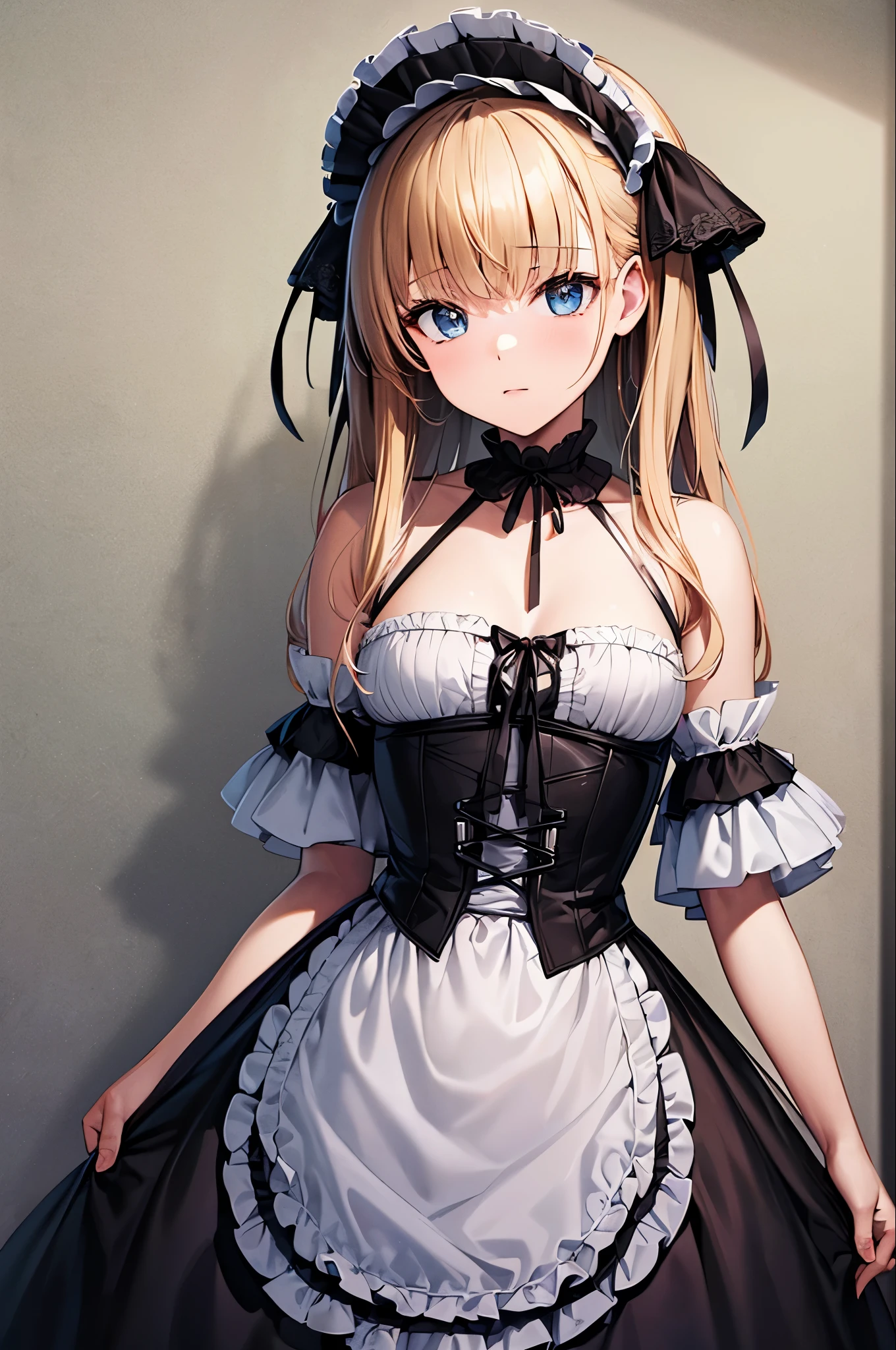 ((masterpiece)), ((highest quality)), ((High resolution)), ((Detailed Background)), ((Highly detailed CG Unity 8k wallpaper)), alone, shiona, Blonde Hair, Long Hair, blue eyes, Hair bundle, Cowboy Shot, Outdoor, ((Gothic ta))
