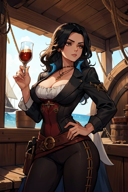 A black haired woman with brown eyes with an hourglass figure in a pirate's outfit is holding a necklace in the cabin  of a pirate ship