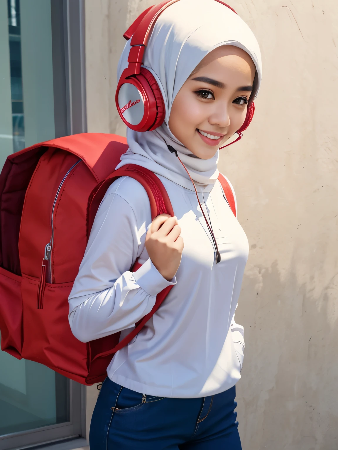 Masterpiece, hd, realistic, Malay girl in hijab wear big oversized loose white collared shirt and brown high waist pants, wearing red backpack, (backpack:1.2), front view, detail skin, detail skin texture, small breast, standing, outdoor, wearing  headphones, (headphones:1.2), smile