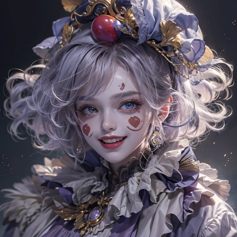 Standing in the grave、Hair flow、 ((highest quality、masterpiece、8k、Best image quality、Ultra-high resolution、Award-winning works)、(Accurate anatomy:1.1)、(Look at me and smile:1.1)、Shining fair skin with Ultra-high resolution、The most detailed face、Ultra-high resolution detailed face、Ultra-high resolutionの髪の毛、(Ultra-high resolution eye:1.1)、Beautiful face drawn in every detail、Cheerful clown costume, Chest to chest,  Strange atmosphere, Ghosts flow, Dark Light, At the cemetery 