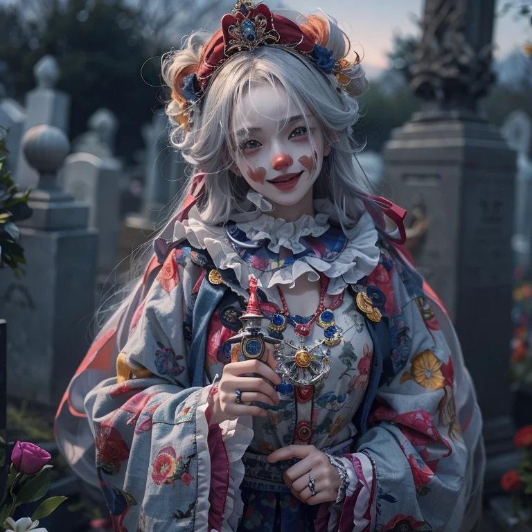 Standing in the grave、Hair flow、 ((Highest quality、masterpiece、8K、Best image quality、Ultra-high resolution、Award-winning works)、(Accurate anatomy:1.1)、(Look at me and smile:1.1)、Shining fair skin with Ultra-high resolution、The most detailed face、Ultra-high resolution detailed face、Ultra-high resolutionの髪の毛、(Ultra-high resolution eye:1.1)、Beautiful face drawn in every detail、Cheerful clown costume, Chest to chest, Strange atmosphere, Ghosts flow, Dark Light, At the Cemetery, Heavy makeup