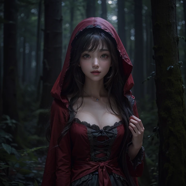 Standing in the forest、Hair flow、 ((highest quality、masterpiece、8k、Best image quality、Ultra-high resolution、Award-winning works)、(Accurate anatomy:1.1)、(Look at me and smile:1.1)、Shining fair skin with Ultra-high resolution、The most detailed face、Ultra-high resolution detailed face、Ultra-high resolutionの髪の毛、(Ultra-high resolution eye:1.1)、Beautiful face drawn in every detail、little red riding hood Costumes , Chest to chest, Strange atmosphere, A real werewolf stares at her........., Dark Light, in the forest , Heavy makeup