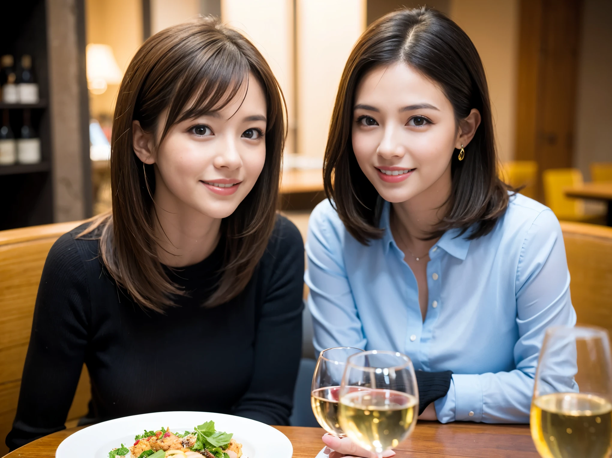 ((highest quality、8k、masterpiece:1.3))、1 male、1 female、石原さとみ似美女Couple、Spouse、Couple、The body is slim、((Bob Hale、Straight hair:1.2)), (Realistic, Intricate details:1.2), テーブルの上のwine glass、Shine light on your face、 Amazing view of the sunset sky and clouds、Amazing mountain views、A bright smile、The wonderfulness of smile、Bright image、The beauty of wine, Beautiful Face, blue eyes, The light shines on your face, Blushing, short hair,Bright Face、 (Age 37), 41 years old, red wine 、Appetizers、Italian food、Wine bottle、Champagne、sparkling wine、Two beauties、Brown Hair、Shortcuts、Long sleeve shirt、dress、Pretty Woman 1, (slimな顔), (The body is slim), (Brown Hair), (Shortcuts), cheeks turn a little red,Attractive beauty、restaurant, In a prominent place (From the waist up) Nova Frog Style, actress, model, Upper Body, White wine, slim, wine glass, 中央に置かれたwine glass, smile, (smile: 1.15), Beautiful fine grain, Depth f/2,saturation, High Contrast, Strong light and shadow,Moist Body:1.5、3D texture、Delicate eyes、Brown Hair、The hair is very shiny、