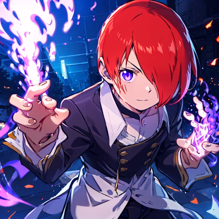 One boy,Hair on one eye,Redhead,short hair,Purple Flame,Fantasy World,isekai,New York Street,