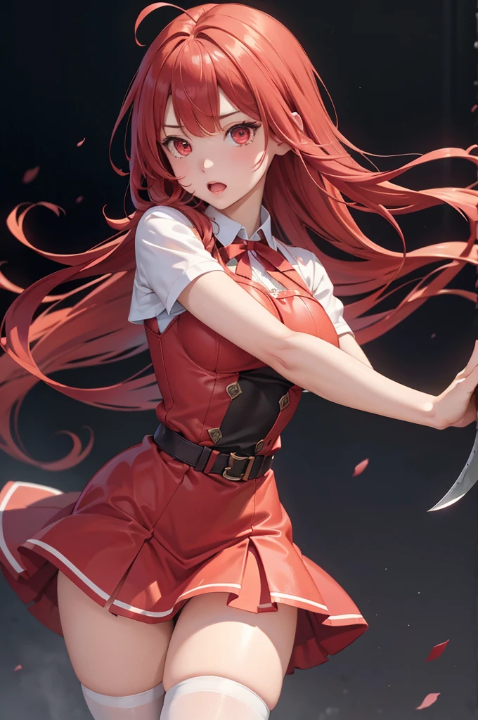 masterpiece、Soft Focus , Bright gradient watercolor、Tabletop, High resolution, 8k, Anime Women, Delicate and detailed writing 、Detailed digital illustration、high resolution, high quality、Detailed Background、Close-up photo、(((Two arms、Four fingers, One thumb)))、Detailed female face、(Accurate Fingerasterpiece:1.2)、highest quality、High resolution、unity 8k wallpaper、(figure:0.8)、Highly detailed face、Perfect lighting、Highly detailed CG、(Perfect hands、Perfect Anatomy)、
(Cowboy Shot:1.1)、One girl、stand、basket、knife、Red apples、Red dress、red hair ribbon、Red Cape、Red Shoes、Red Hair、absurdly long hair:1.5、drill hair、ahoge,red eyes、Big round eyes、Open your mouth、Red short skirt、zettai ryouiki