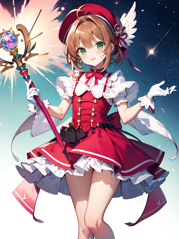 ((highest quality)), High resolution, (Card Captor Sakura), ((kinomoto sakura)), brown hair, short hair, beautiful feet, Bewitching, antenna hair, pink hat, green eyes, pink dress, Striped ribbon, white gloves, magic wand, ((masterpiece)), UHD, retina, masterpiece, accurate, anatomically correct, textured skin, super detail, high details, high quality, best quality, highres, 8k