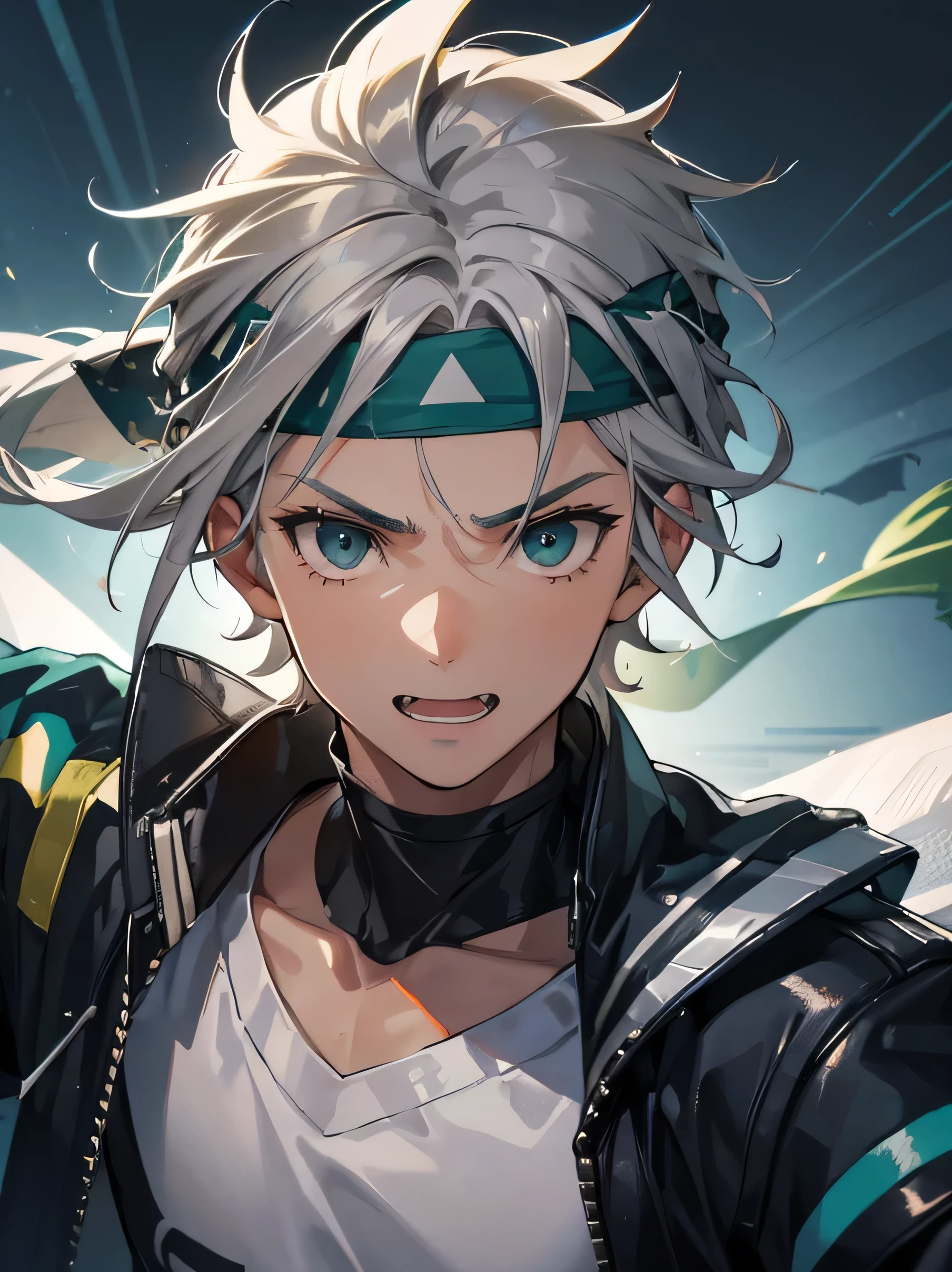 a close up person in jacket, A gray-haired age boy with a green-eyed headband has brownish skin and shark-tooth-like teeth, he expresses cheerfully in the backdrop in the middle of a fight turning his head straight