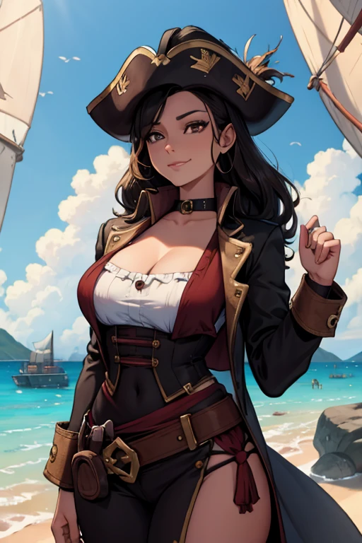 A black haired woman with brown eyes with an hourglass figure in a pirate's outfit is leaning back in her captain's chair