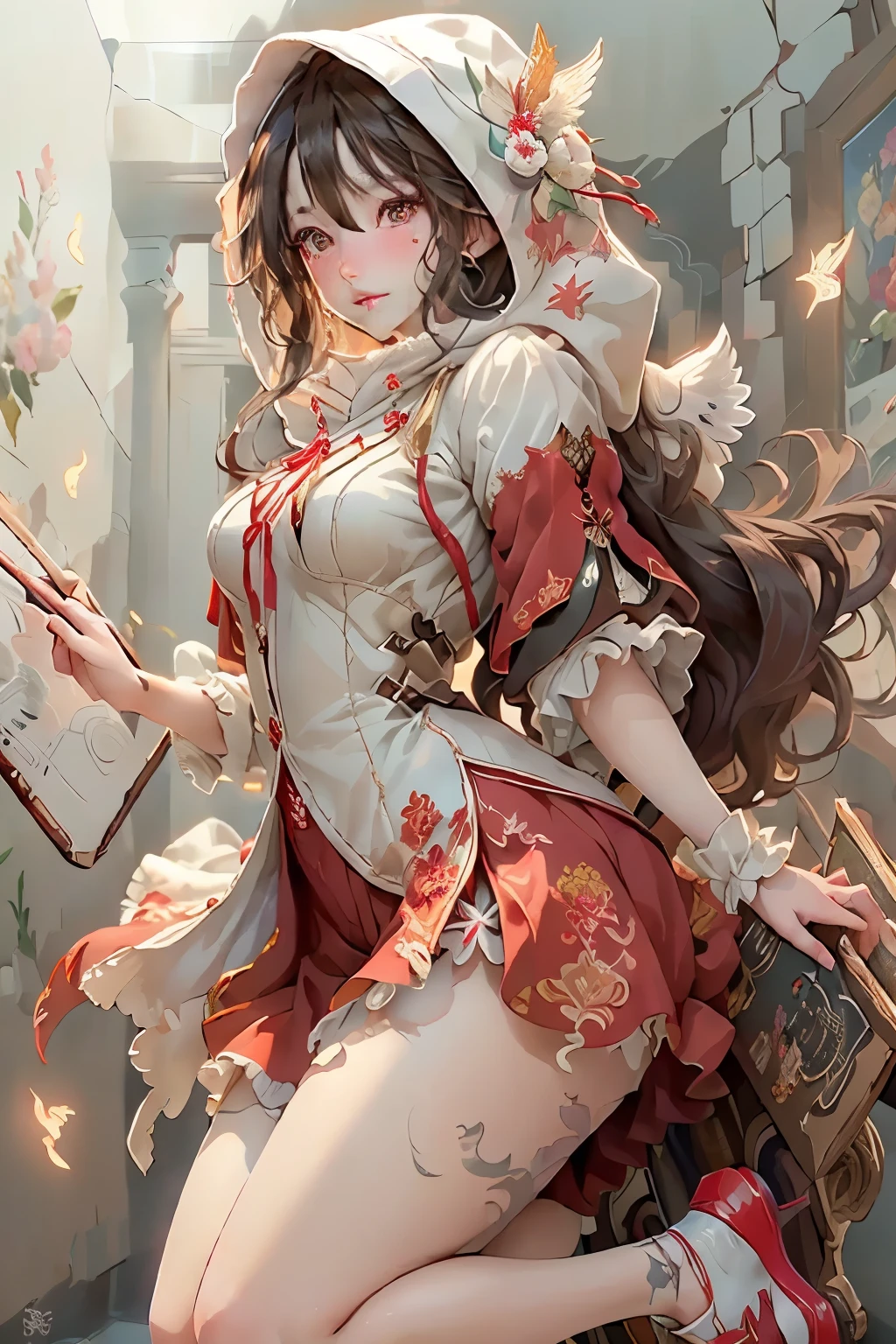 ((best quality)), ((masterpiece)), (detailed), perfect face, ((best quality)), ((masterpiece)), (detailed), perfect face(Golden ratio:1.2),(Fault color:1.3),[(White background:1.4)::10], (full bodyesbian:1.2),(Ultra-detailed:1.3), (Paper:1.2)（Red and white color background） (colorful ink paper flower grow on the face:1.2), s girl，White hair，Red glowing eyes, sportrait, photorealestic,（（（Red and white trench coat））），（Red scarf)，a black pleated skirt，black t-shirts，longer sleeves，（（With a hood）），((Multiple pairs of angel wings))，side-lighting, the wallpaper, NSFW, Depicting female characters from ethereal anime in a high-quality anime art style，，，8K，Red and white shoes with a sense of technology，(chaotic geometric images:1.3),(nagative space:0.8),(Drawing board:1.3), (ether colorful ink flowing:1.3), a knight, white background, plain background, Bloodborne inspired, tatty Bloodborne attire, occult aesthetic, occult, tatty red and white clothing detailed and intricate steampunk and detailed gothic loliwith a hood), long coat, Complex laced boots, Fluttering lace flared long knee length dress with frilly petticoats, long dress, knee length dress, pleated petticoats, lolita d, petticoats gothic lolita, beaul small breasts, (((( Highly detailed face))), small thin nose, Small thin lips mouth, (((Very sharp focused eyes))), Very large slit precision pale grey eyes that shine like jewels. very long eyelashes, Silver hair swaying in the wind, Emitting a dazzling light in a mandala pattern, white background, Very dramatic and cinematic lighting, tatty damaged old red and white clothing, full body, whole body, body, cosmic horror, grim dark