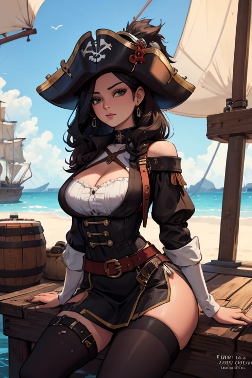 A black haired woman with brown eyes with an hourglass figure in a pirate's outfit is sitting on a barrel on the pirate ship