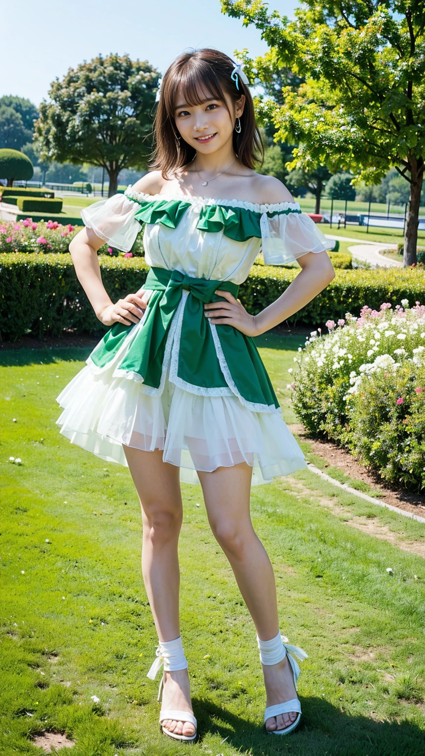 Izana Kurokawa, 1 girl, white hair, fantasy world, Remains, Bang, beautiful sky, shining sky, sunlight, smile, waving, Ruffled Socks, sandals, belt, Wristband, ribbon choker, Dresses that blow the wind, Blue lace dress, Off-shoulder sleeve, both hands, perfect fingers, five fingers, beautiful eyes