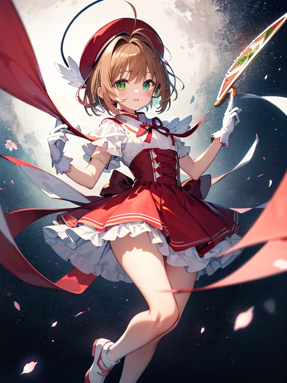 ((highest quality)), High resolution, (Card Captor Sakura), ((kinomoto sakura)), brown hair, short hair, beautiful feet, Bewitching, antenna hair, pink hat, green eyes, Striped ribbon, white gloves, ((masterpiece)), UHD, retina, masterpiece, accurate, anatomically correct, textured skin, super detail, high details, high quality, best quality, highres, 8k