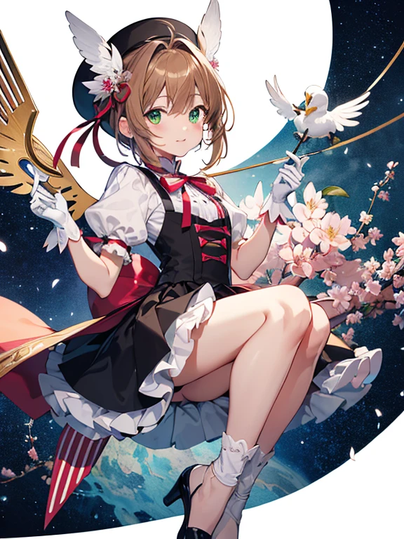 ((highest quality)), High resolution, (Card Captor Sakura), ((kinomoto sakura)), brown hair, short hair, beautiful feet, Bewitching, antenna hair, pink hat, green eyes, Striped ribbon, white gloves, ((masterpiece)), UHD, retina, masterpiece, accurate, anatomically correct, textured skin, super detail, high details, high quality, best quality, highres, 8k