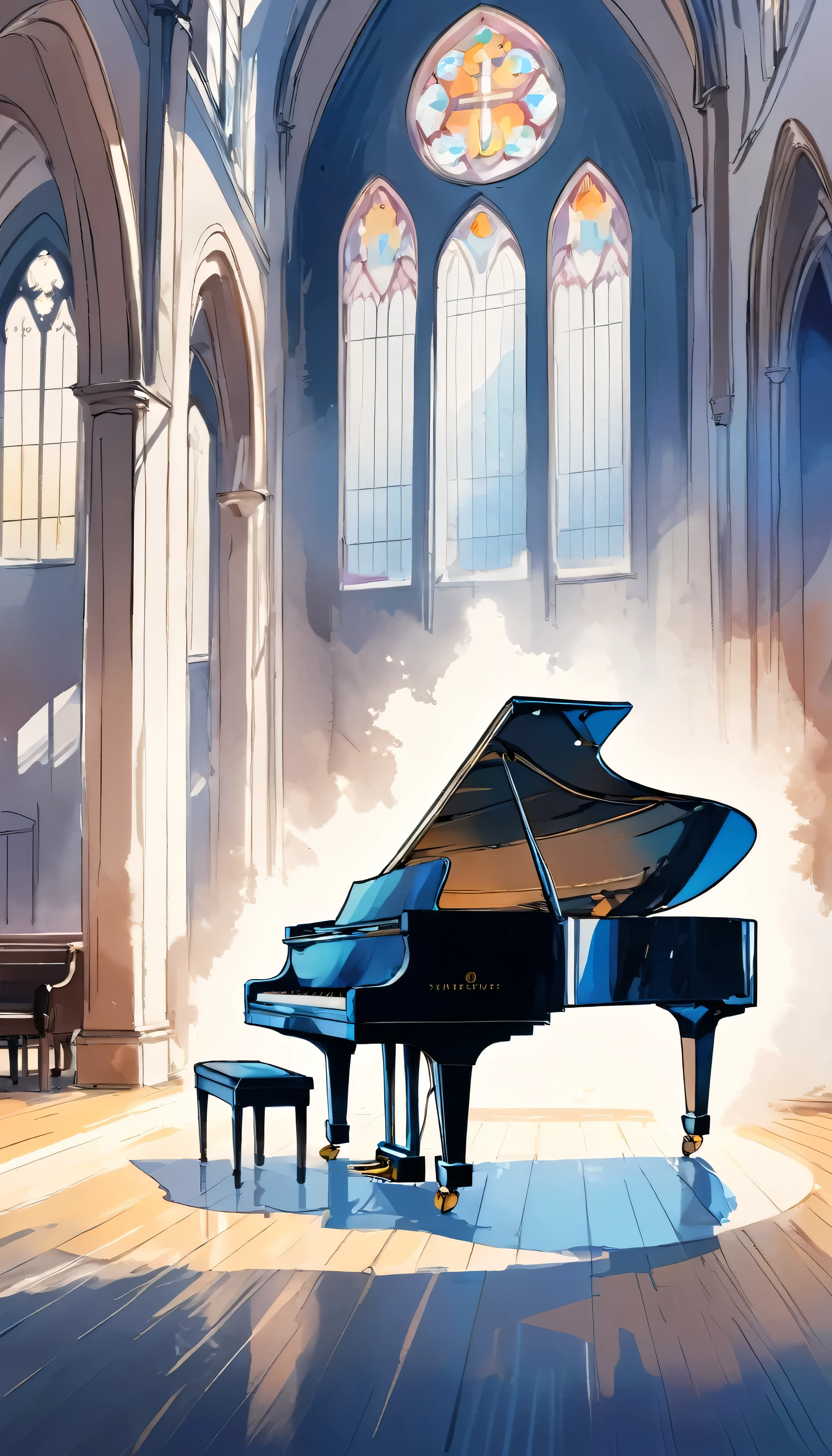 no people,piano stage,church、Omitted style,Line drawing sketch,Stylish cut, artistic,Scribble style,Clear, bold, thick outlines,,Rough coloring, watercolor painting,