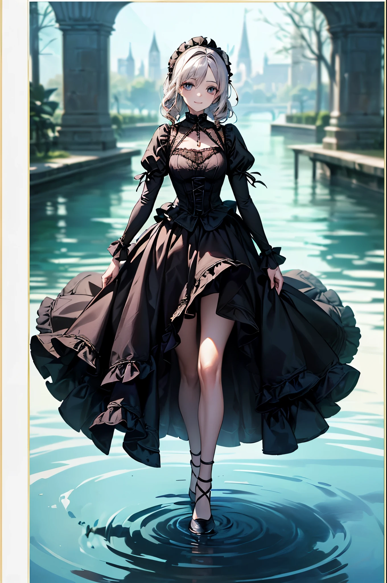((Biologically correct limb count))、((whole body including face))、4K、Masterpiece、((Focus on the face))、((Symmetrical, well-proportioned facial features))、Eyes with delicate depictions、(((1 person)))、Beautiful woman、Outstanding style、Slender Body、((Gothic ta、Gothic Dress、(High heels)))、(((Standing on the surface of the water)))、(smile)、(Close-up photo of the upper body)、High angle、(((Photos with a white border around them)))、Night in the city