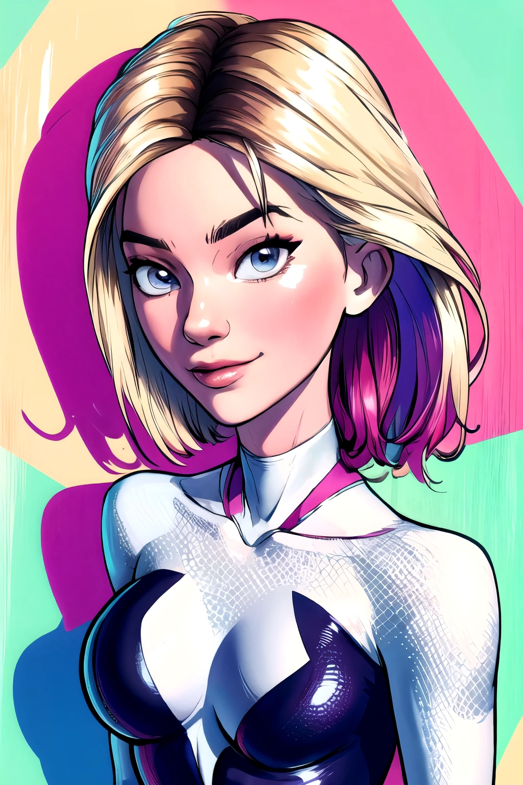 (masterpiece, top quality, best quality, official art, beautiful and aesthetic:1.2),highly detailed face,1girl,gwen_stacy, (portrait:1.3),spider-gwen suit , bodysuit superhero,small tits(extremely detailed,highres, highest detailed,8k,absurdres,CG),happy,full body pose,cowboy shot,grab breast,smirk,cute smile.full body pose
