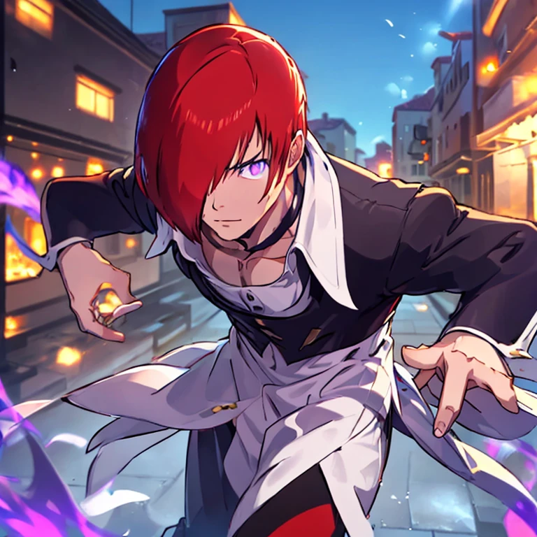 One boy,Hair on one eye,Redhead,short hair,Purple Flame,Fantasy World,isekai,City of Venice,