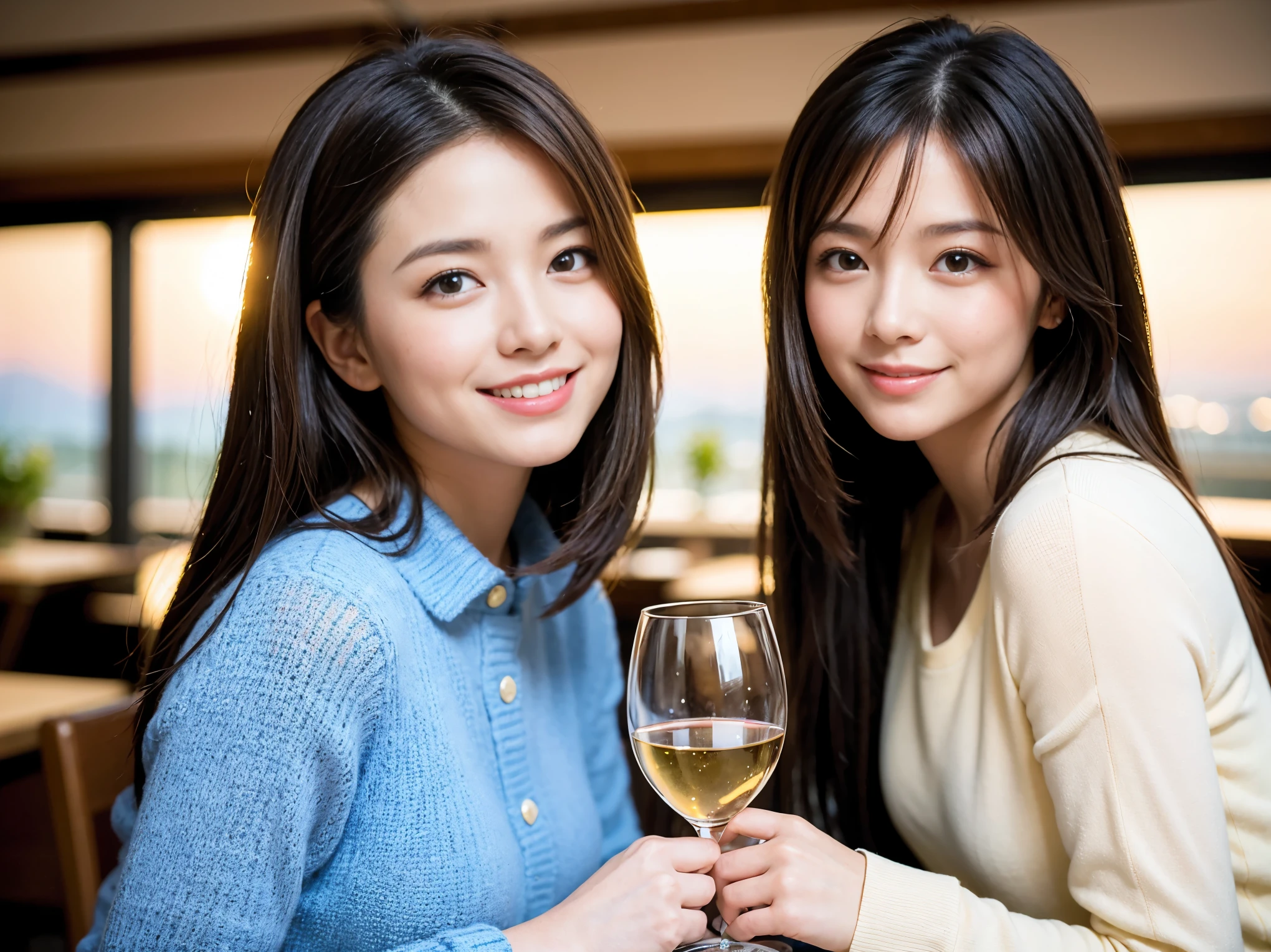((highest quality、8k、masterpiece:1.3))、1 male、1 female、Satomi Ishihara-like beautiful couple、Spouse、Brown Hair Couple、The body is slim、((Bob Hale、Straight hair:1.2)), (Realistic, Intricate details:1.2), テーブルの上のwine glass、Shine light on your face、 Amazing view of the sunset sky and clouds、Amazing mountain views、A bright smile、The wonderfulness of smile、Bright image、The beauty of wine, Beautiful Face, blue eyes, The light shines on your face, Blushing, short hair,Bright Face、 (Age 37), 39 years old, red wine 、Appetizers、Italian food、Wine bottle、Champagne、sparkling wine、Two beauties、Brown Hair、Shortcuts、Long sleeve shirt、dress、Pretty Woman 1, (slimな顔), (The body is slim), (Brown Hair), (Shortcuts), cheeks turn a little red,Attractive beauty、restaurant, In a prominent place (From the waist up) Nova Frog Style, actress, model, Upper Body, White wine, slim, wine glass, 中央に置かれたwine glass, smile, (smile: 1.15), Beautiful fine grain, Depth f/2,saturation, High Contrast, Strong light and shadow,Moist Body:1.5、3D texture、Delicate eyes、Brown Hair、The hair is very shiny、