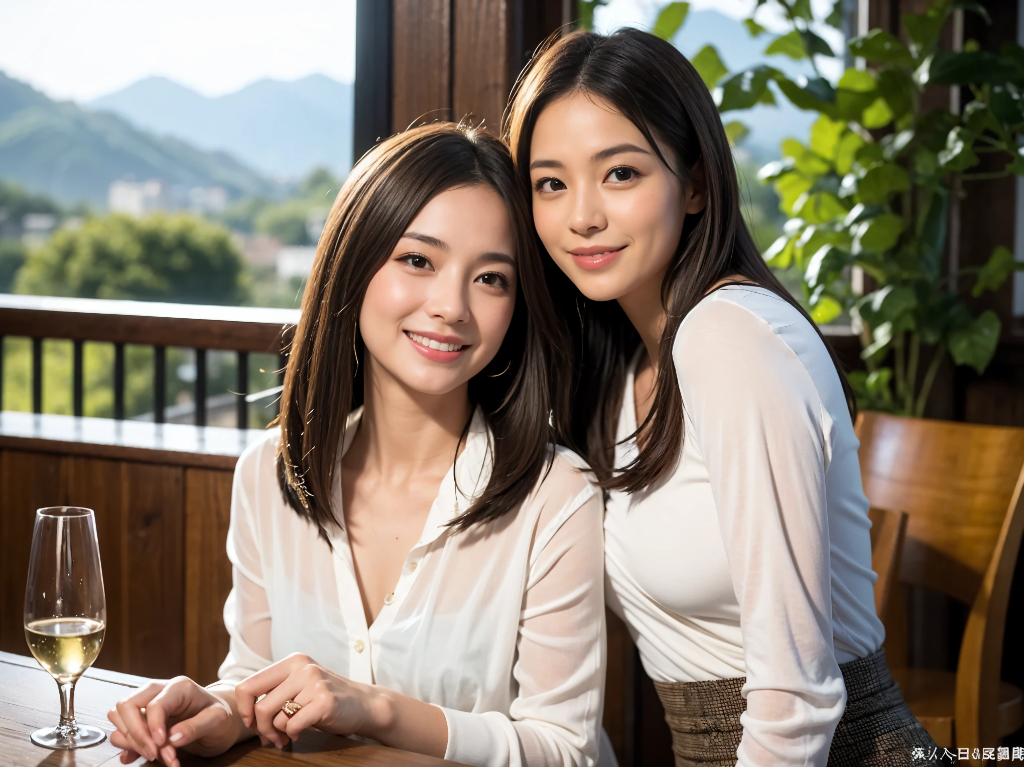 ((highest quality、8k、masterpiece:1.3))、1 male、1 female、Satomi Ishihara-like beautiful couple、Spouse、Brown Hair Couple、The body is slim、((Bob Hale、Straight hair:1.2)), (Realistic, Intricate details:1.2), テーブルの上のwine glass、Shine light on your face、 Amazing view of the sunset sky and clouds、Amazing mountain views、A bright smile、The wonderfulness of smile、Bright image、The beauty of wine, Beautiful Face, blue eyes, The light shines on your face, Blushing, short hair,Bright Face、 (Age 37), 39 years old, red wine 、Appetizers、Italian food、Wine bottle、Champagne、sparkling wine、Two beauties、Brown Hair、Shortcuts、Long sleeve shirt、dress、Pretty Woman 1, (slimな顔), (The body is slim), (Brown Hair), (Shortcuts), cheeks turn a little red,Attractive beauty、restaurant, In a prominent place (From the waist up) Nova Frog Style, actress, model, Upper Body, White wine, slim, wine glass, 中央に置かれたwine glass, smile, (smile: 1.15), Beautiful fine grain, Depth f/2,saturation, High Contrast, Strong light and shadow,Moist Body:1.5、3D texture、Delicate eyes、Brown Hair、The hair is very shiny、