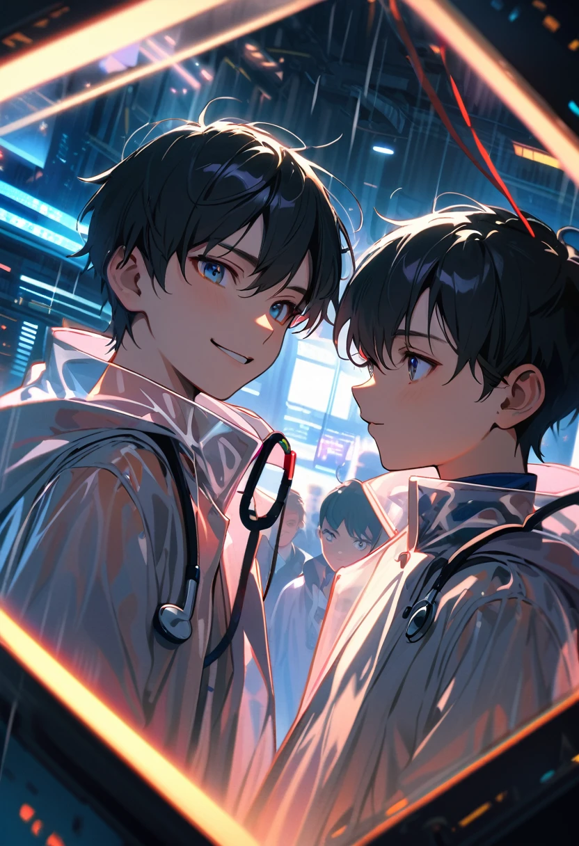 boy twins,,They are doctors, short stature,oversized see-through raincoat,stethoscope,black hair,in cyberpunk metropolis,Two people facing each other through glass, nihilistic smile,intricate details, depth of field,beautiful lighting, volumetric lighting, dynamic angle, (photographic portrait), sharp,