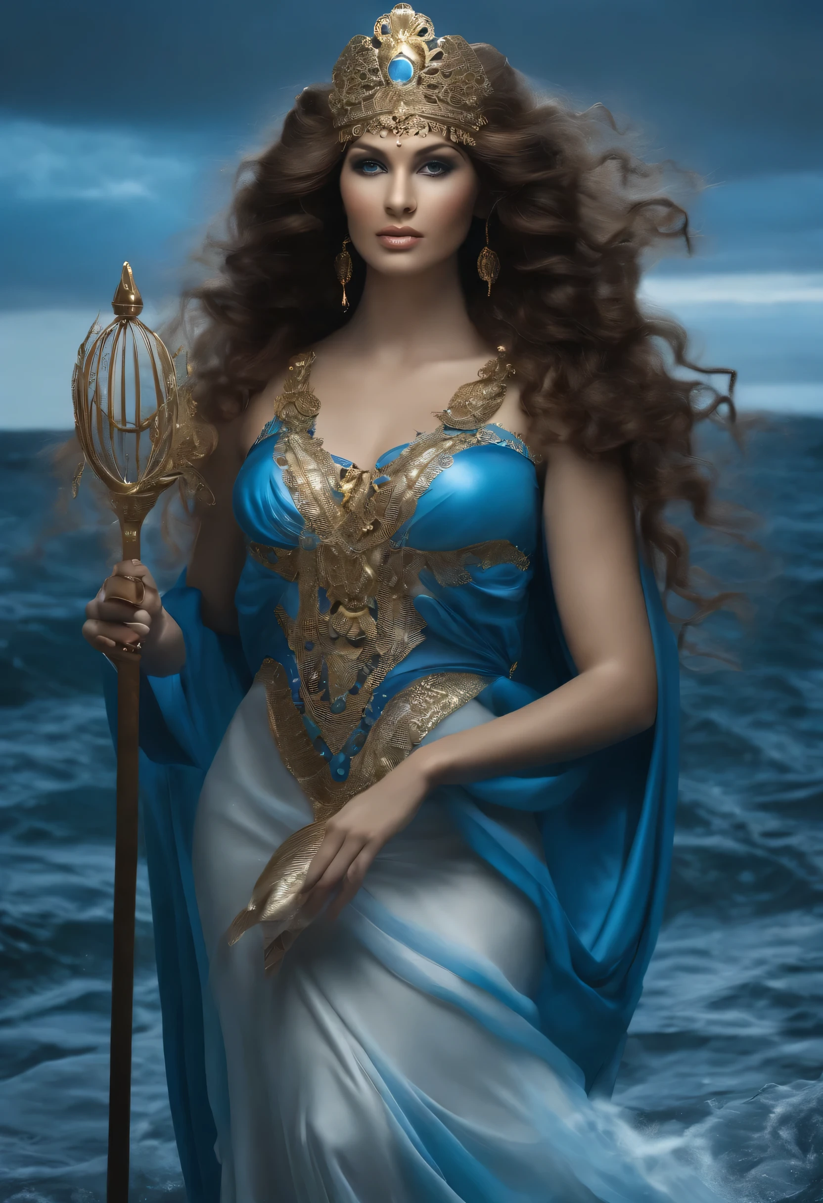 Yemanja, African goddess, noir, Mother of Waters, Robe bleu clair et blanche avec bordure argentée, debout, tout le corps. Background like the bottom of the sea with fish, Coquillages et étoiles de mer. style mythique. MYSTIQUE. pouvoir et magie. il y a une statue d'une femme en robe bleue, Goddess de l'ocean, Goddess de la mer, reine de la mer Mu Yanling, aphrodite, Goddess de l'amour, Goddess, Goddess de la mythologie grecque, reine des mers, reine de l'Atlantide, Cory Chase en tant qu'Atlante, real photo shoot, reine des oceans, valkyrie atlante mystique
