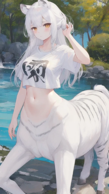 (best quality, masterpiece), 1 girl, centaur, It takes, belly button t-shirt, beautiful girl perfect white tiger photo, perfect white tiger photo