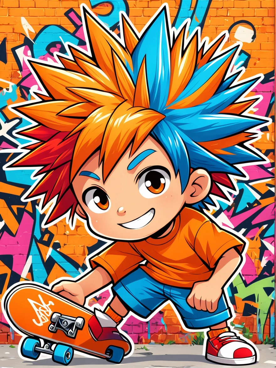 A cartoon doodle character，Vector illustratioughty **********，With spiky, brightly colored hair，Unique and wild style，It's easy to identify，Wearing orange T-shirt、Blue shorts and red shoes, He often has a mischievous smile，and stir up trouble in his nameless town, He was known for his skateboarding skills and nonchalant attitude., Standing in front of a graffiti style background，Adds whimsy to the scene。