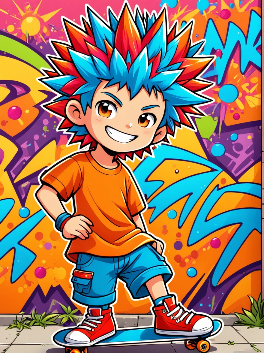 A cartoon doodle character，Vector illustratioughty **********，With spiky, brightly colored hair，Unique and wild style，It's easy to identify，Wearing orange T-shirt、Blue shorts and red shoes, He often has a mischievous smile，and stir up trouble in his nameless town, He was known for his skateboarding skills and nonchalant attitude., Standing in front of a graffiti style background，Adds whimsy to the scene。