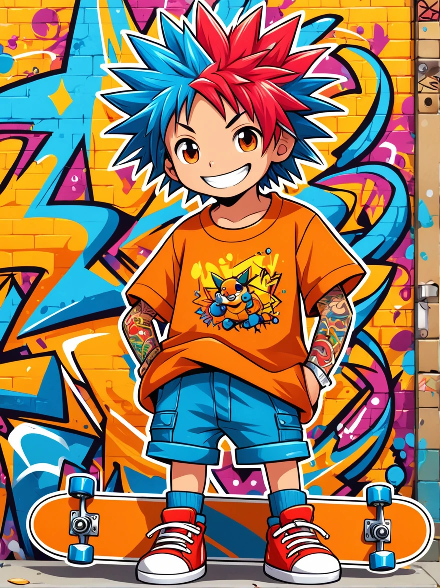 A cartoon doodle character，Vector illustratioughty  boy，With spiky, brightly colored hair，Unique and wild style，It's easy to identify，Wearing orange T-shirt、Blue shorts and red shoes, He often has a mischievous smile，and stir up trouble in his nameless town, He was known for his skateboarding skills and nonchalant attitude., Standing in front of a graffiti style background，Adds whimsy to the scene。