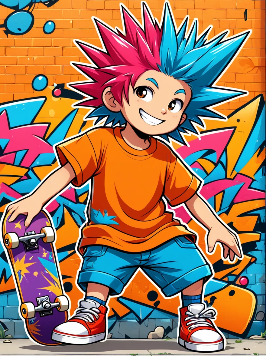 A cartoon doodle character，Vector illustratioughty **********，With spiky, brightly colored hair，Unique and wild style，It's easy to identify，Wearing orange T-shirt、Blue shorts and red shoes, He often has a mischievous smile，and stir up trouble in his nameless town, He was known for his skateboarding skills and nonchalant attitude., Standing in front of a graffiti style background，Adds whimsy to the scene。