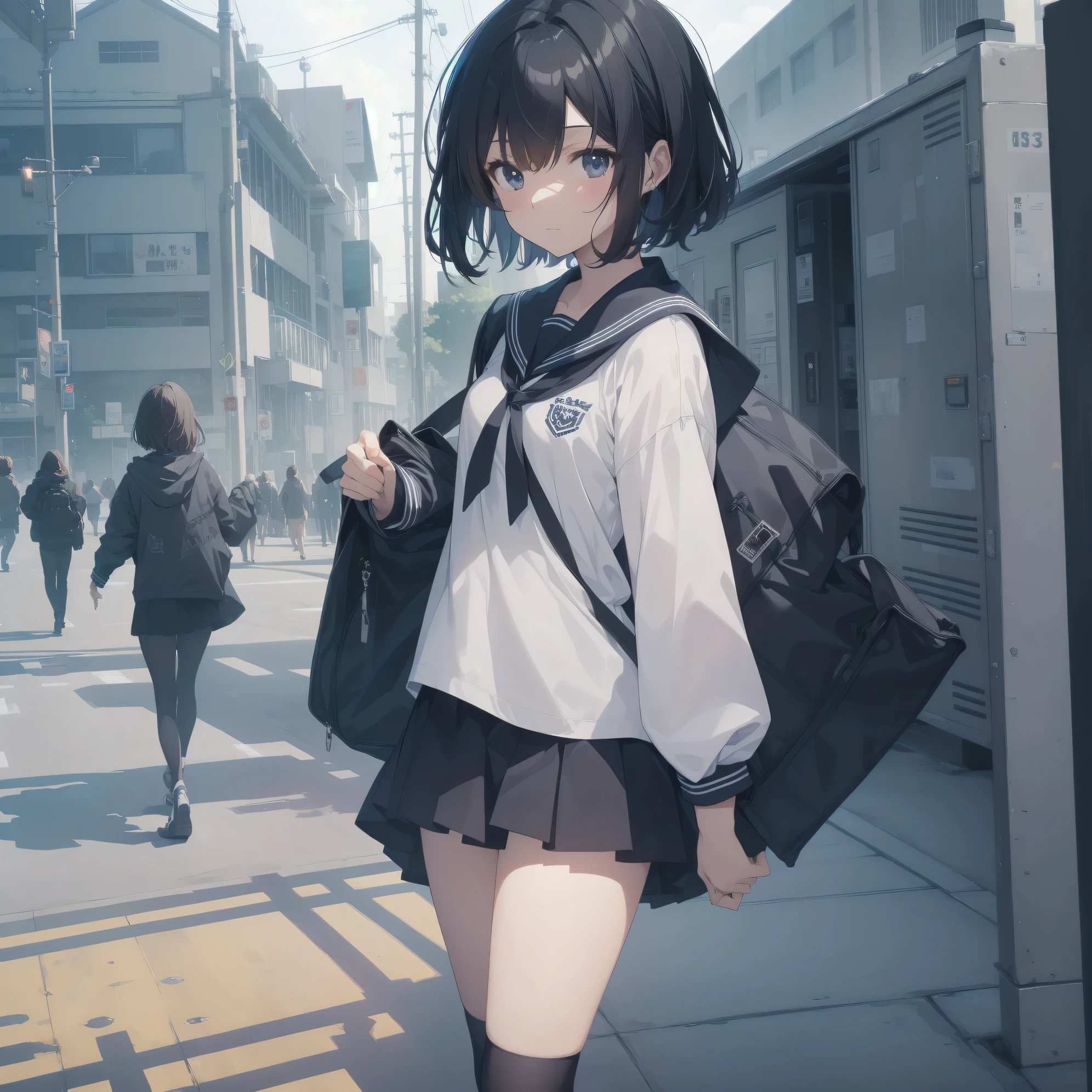 ultra-absurdres-Top quality by artist God, ultra-detailed, high resolution, anime moe artstyle, best anime 8k konachan wallpaper, pixiv contest winner, pool:2810, perfect anatomy,break, 1girl, (Please draw a girl walking sleepily to school alone. )break,(Solo,little female, 13-year-old:1.3),Full limbs, complete fingers,a junior high school student, (very short hair), short cut, flat chest, , small butt, small black eyes, beautiful detailed eyes, well-proportioned iris and pupils, expressive eyes, highres detailed hair, soft expression, salor school_uniform, sailor collar, serahuku, bow, pleated skirt,(Detailed Lighting), (Detailed background), in the School commute route. break,super detailed skin, Best cinematic lighting powered by famous artist, 8k,beauty illustration,photoshop_(medium),very aesthetic,break,((artist:yukie_(kusaka_shi) )), artist:clamp ,artist:carnelian ,artist:kantoku ,