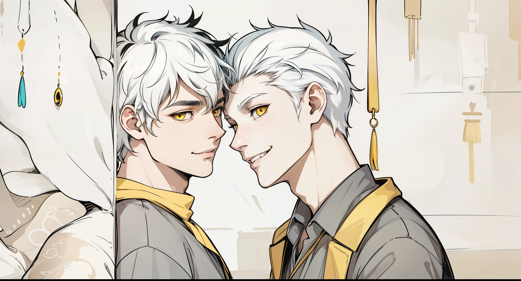 Two 16-year-old men smile mischievously, yellow eyes, white hair.