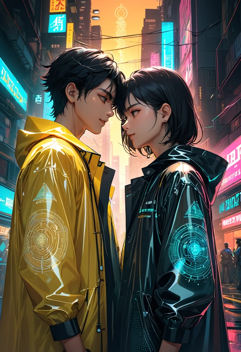 popart style,(motif of Tai Chi diagram),boy twins,Ashvin Twin Gods,,They are doctors, short stature,oversized see-through raincoat,black hair,Indian cyberpunk cities,The two are facing each other, nihilistic smile,intricate details, depth of field,beautiful lighting, volumetric lighting, dynamic angle, (photographic portrait), sharp,