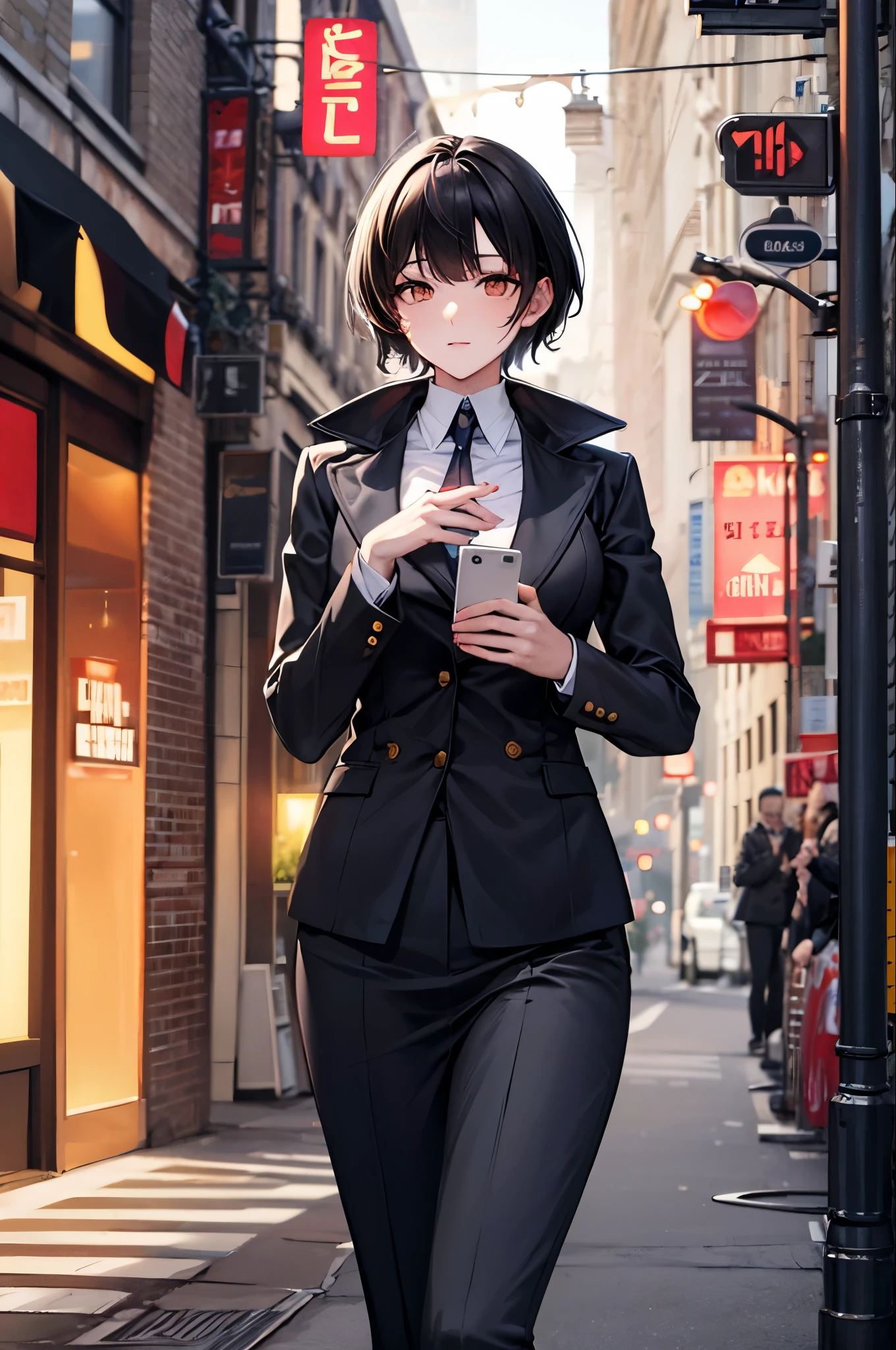 Cute young woman, Short black hair, Brown eyes, Queen,pleated skirt suit,Street lamp,neon,Busy street background,(,Princess Eyes), noble, Royalty, high quality, masterpiece, Very detailed