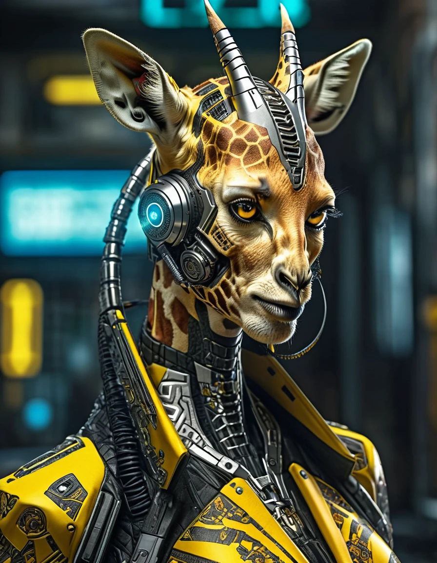 a (giraffe pattern ) yellow and black outfit,sword,beautiful cyberpunk woman,cyberpunk angry gorgeous goddess,beautiful cyborg girl ,hyper realistic,intricate details,cinematic lighting,vibrant colors,award winning,stunning,masterpiece
