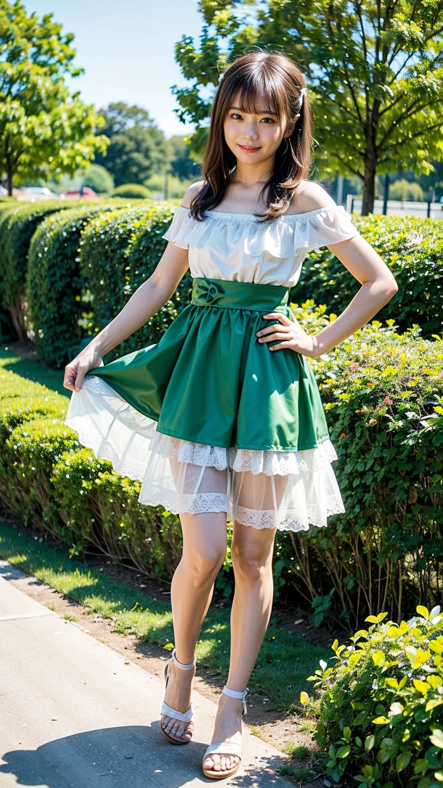 (8k、RAW Photos、highest quality、masterpiece:1.2)、(Realistic、Realistic)、1 girl、((mini skirt、Emerald green and white、Frills、Off the shoulder、See-through、Sandals、Arm Covers、ribbon、smile、garden、View from the front、smile、Standing with hands on hips))、