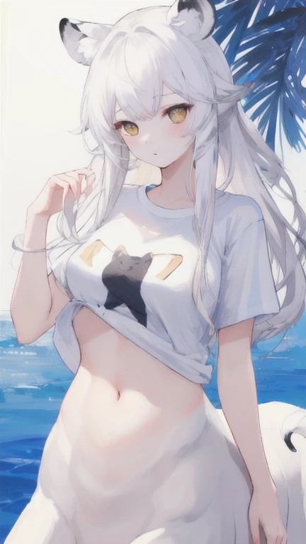 (best quality, masterpiece), 1 girl, centaur, It takes,White skin, belly button t-shirt, 아름다운 소녀 perfect white tiger photo, perfect white tiger photo