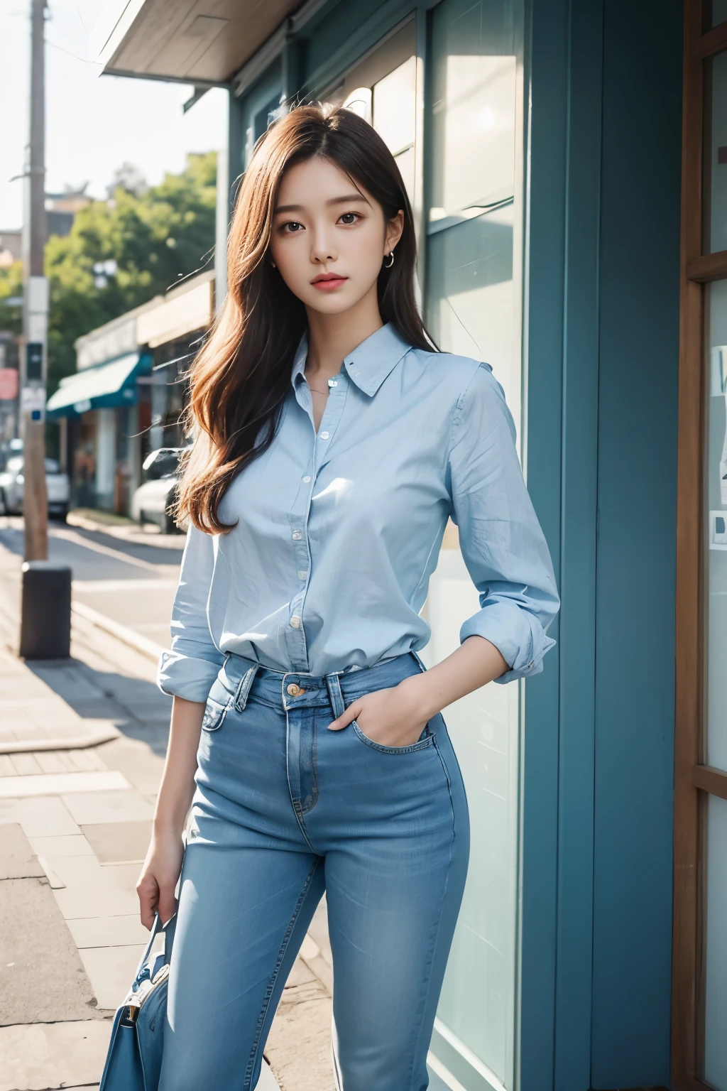 A woman is standing outside the store window with her hands on her hips., wearing a light blue sprite shirt, jean, ( ( ( jeanpants를 입고 ) ) ), Pale blue outfit, pants, trendy clothes, wearing elegant casual clothes, Pale blue, Wearing a linen shirt, jean pants, jeans pants, pastel, detailed image, 셔츠와 jeanpants를 입고, pastel blue
