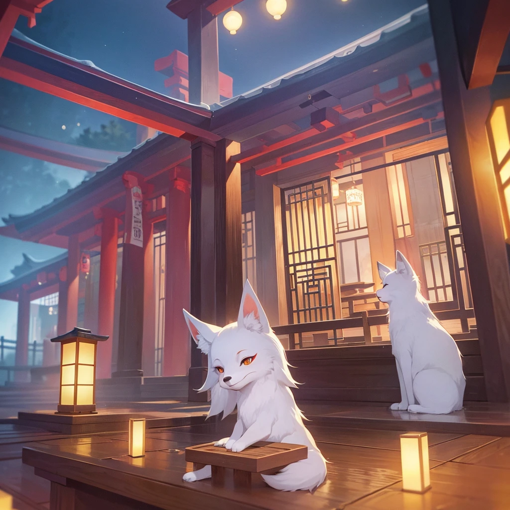 fox, no human, fox focus, japanese temple, temple, happy, glad, Japanese style room, Heartwarming Scene, at night, cute, UwU, beautiful, hazy atmosphere, reflective atmosphere, dreamy atmosphere, mystical atmosphere, mysterious atmosphere, calm atmosphere, chill atmosphere, nostalgic atmosphere, romantic atmosphere, romantic academia, vibrant academia, moonlight, fox shadow puppet, --c 100