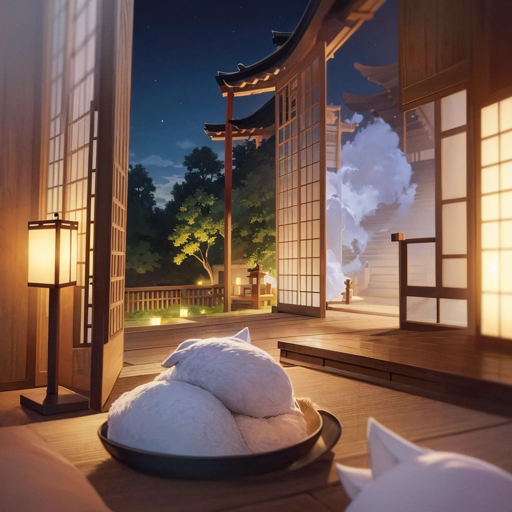 fox, no human, fox focus, japanese temple, temple, happy, glad, Japanese style room, Heartwarming Scene, at night, cute, UwU, beautiful, hazy atmosphere, reflective atmosphere, dreamy atmosphere, mystical atmosphere, mysterious atmosphere, calm atmosphere, chill atmosphere, nostalgic atmosphere, romantic atmosphere, romantic academia, vibrant academia, moonlight, fox shadow puppet, --c 100