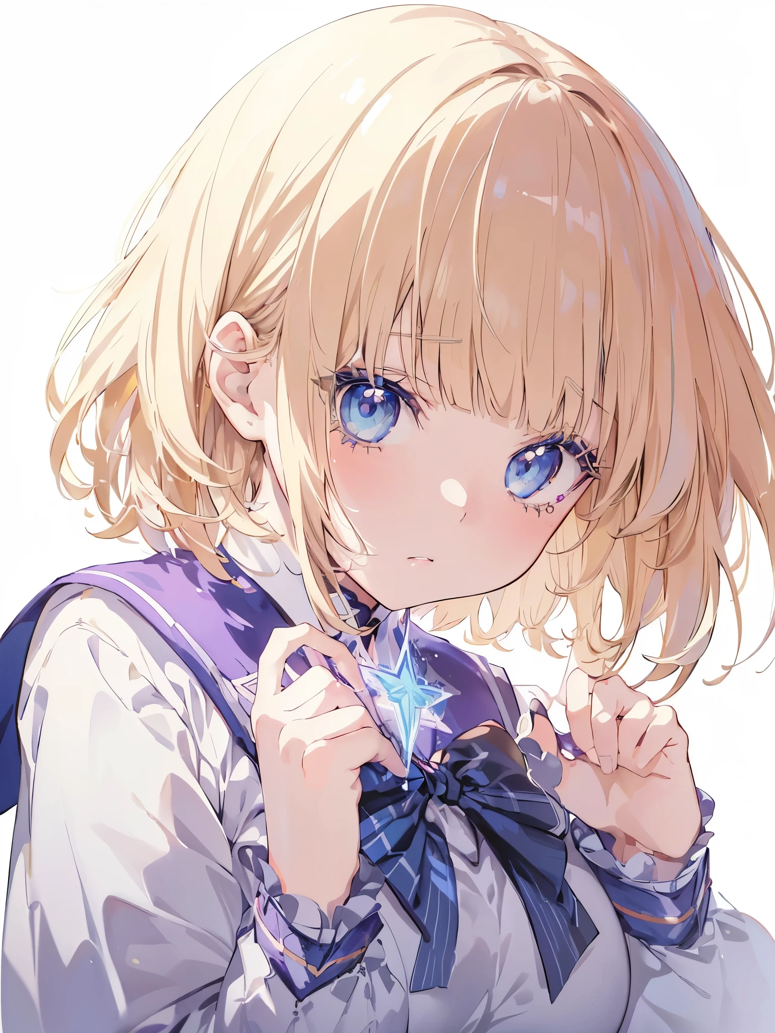 masterpiece, highest quality, Very detailed, High resolution, Japan anime,One young girl, (White skin:1.2), Golden Hair, (short hair:1.4), (Blunt bangs:1.3), (eyelash:1.3), (eye shadow:1.3), (Large, droopy blue eyes:1.5), (Beautiful fine details:1.4), Height: 130cm, original character, Fantasy, (White background:1.2), Beautiful fingers, Are standing, (Original Magic School Uniform:1.5), ビューアーを見るHigh resolution, (Anime Style:1.4),nature(Large Breasts:1.3)ice

