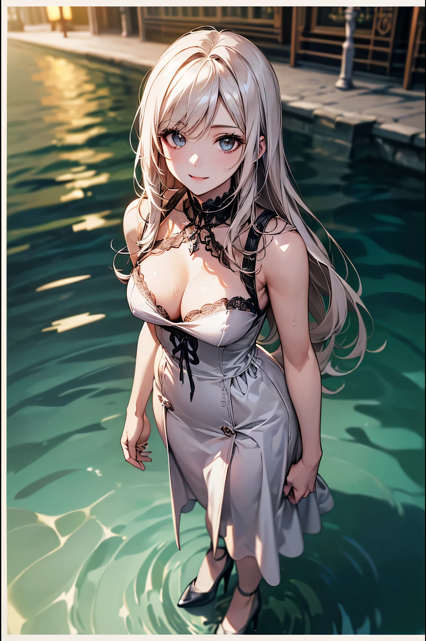 ((Biologically correct limb count))、((whole body including face))、4K、Masterpiece、((Focus on the face))、((Symmetrical, well-proportioned facial features))、Eyes with delicate depictions、(((1 person)))、Beautiful woman、Outstanding style、Slender Body、((Gothic ta、Gothic Dress、(High heels)))、(((Standing on the surface of the water)))、(smile)、(Close-up photo of the upper body)、High angle、(((Photos with a white border around them)))、Night in the city