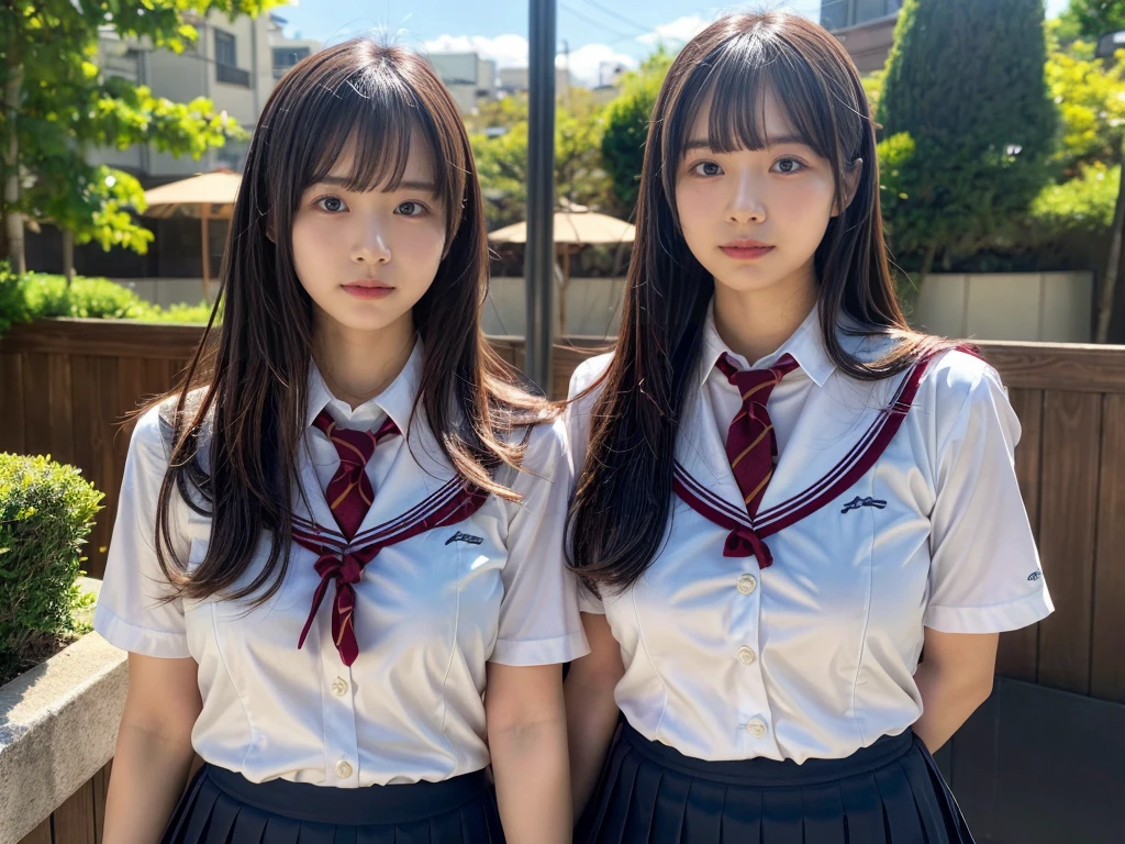 (RAW photo, 4k, masterpiece, high resolution, extremely complex) (realistic: 1.4), cinematic lighting
((2 girls, 2 schoolgirls)),Slam Dunk's,blushing,((innocent)),(Dark makeup),bright eyes,round eyes,blunt bangs,(straight hair:1.3),black hair,large breasts,wide hips,Summer Noon, 20 year old girl、cute type、lolita,Hot, (Best Quality), (Highres), (an Extremely Delicate and Beautiful),(Beautiful 8k face),(Brown eyes),short bob hair,( spectators),(gigantic breasts),(Play with each other,Touching each other's bodies,Touching the body),(Japanese high school uniform:1.3),blue skirt,(reality),bright lighting,(The background is a luxury hotel room)